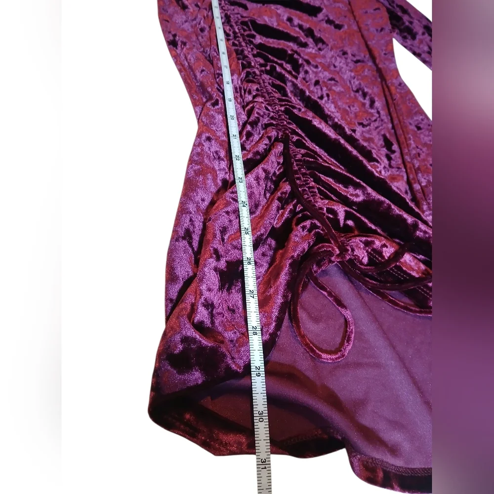Crushed Velvet Ruched Drawstring Assymetric Stretch Dress Vamp Dark Romantic - Picture 4 of 11